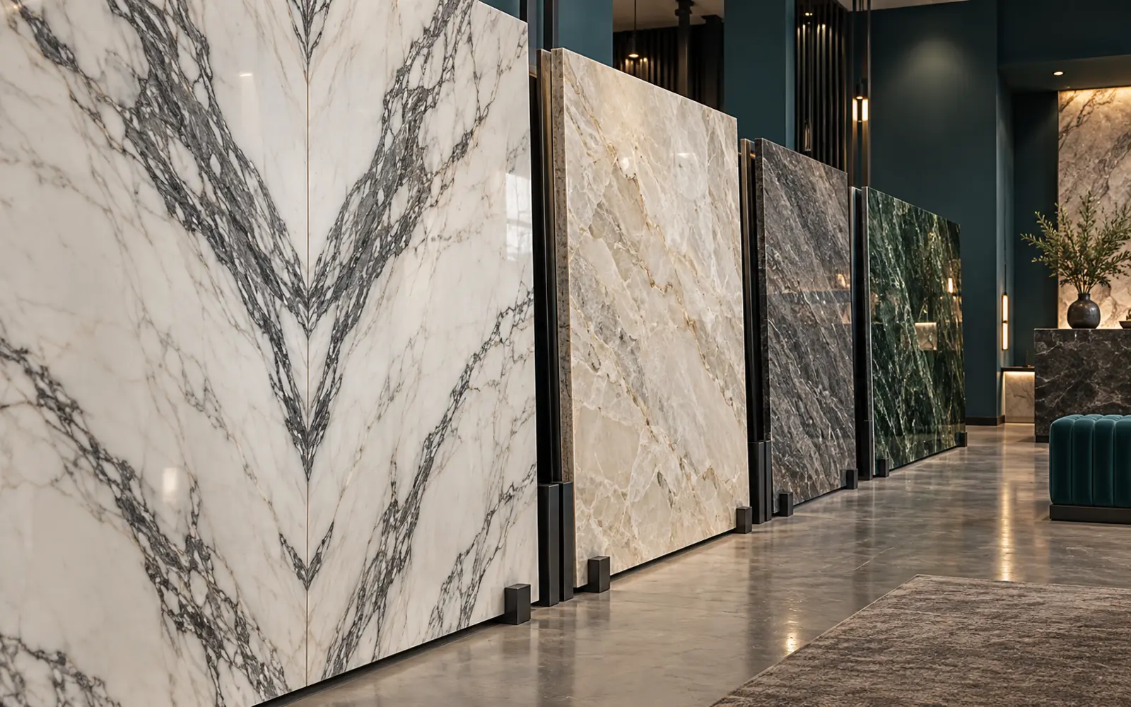 Premium quartz slabs in a showroom
